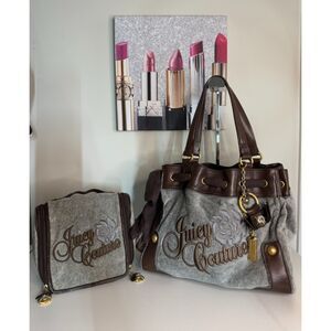 Y2K Vintage Juicy Couture Grey & Brown Daydreamer & Matching Cosmetic Bag Set